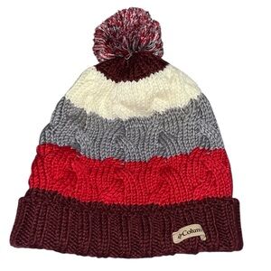 Columbia Red, Gray, and Cream Knit Pom-Pom Hat